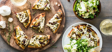 Eggplant Parmesan Flatbread with Shaved Zucchini and Arugula Salad