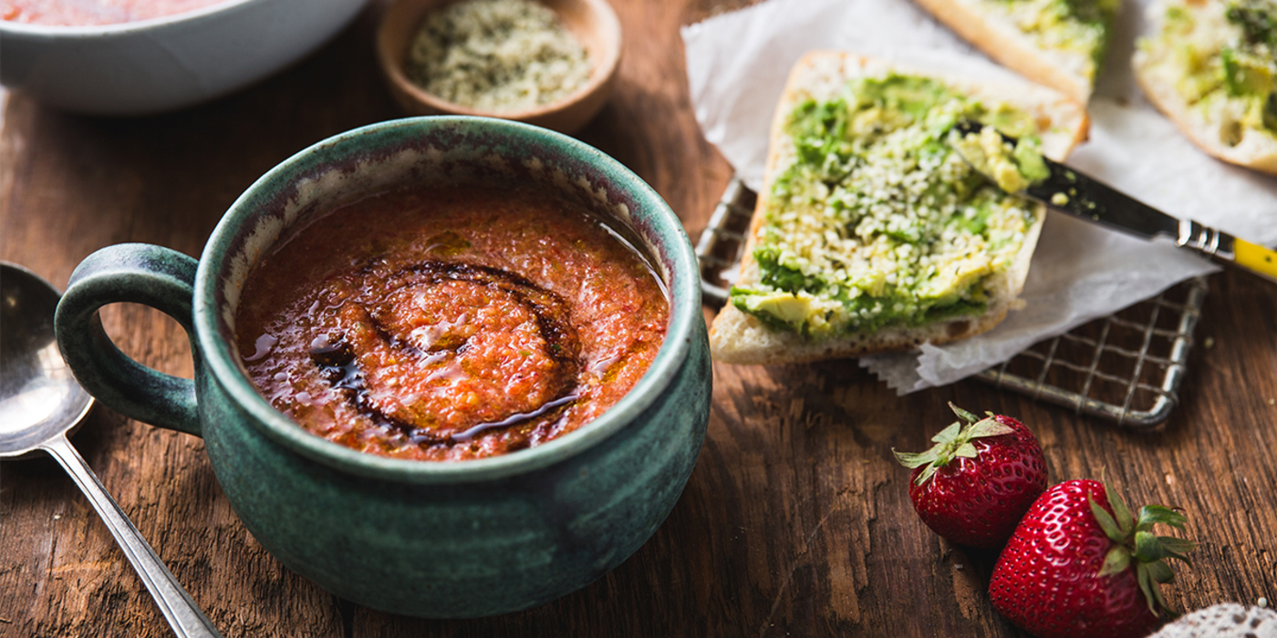 Strawberry Cherry Tomato Gazpacho with Avocado Toast & Balsamic Reduction