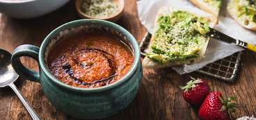 Strawberry Cherry Tomato Gazpacho with Avocado Toast & Balsamic Reduction