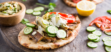 Seitan Gyro with Shaved Artichoke Salad and Tahini Yogurt