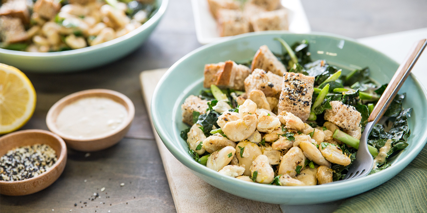 Kale Caesar with Crispy Butter Beans and Everything "Bagel" Croutons