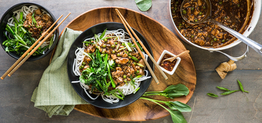Mapo Tofu with Rice Noodles and Yu Choy