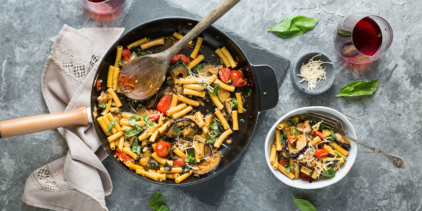 Pasta alla Norma with Blistered Tomatoes and Fresh Basil