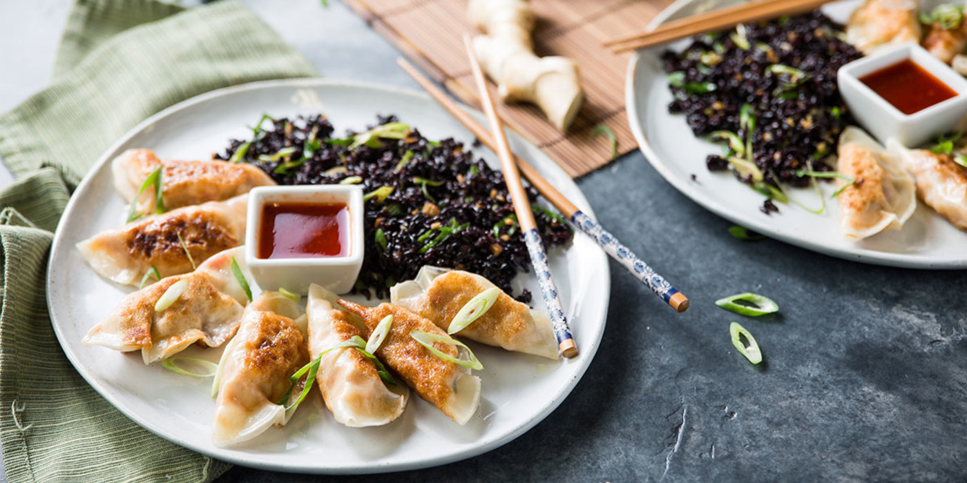 Corn & “Crab” Dumplings with Ginger-Fried Rice and Sweet Chile Sauce