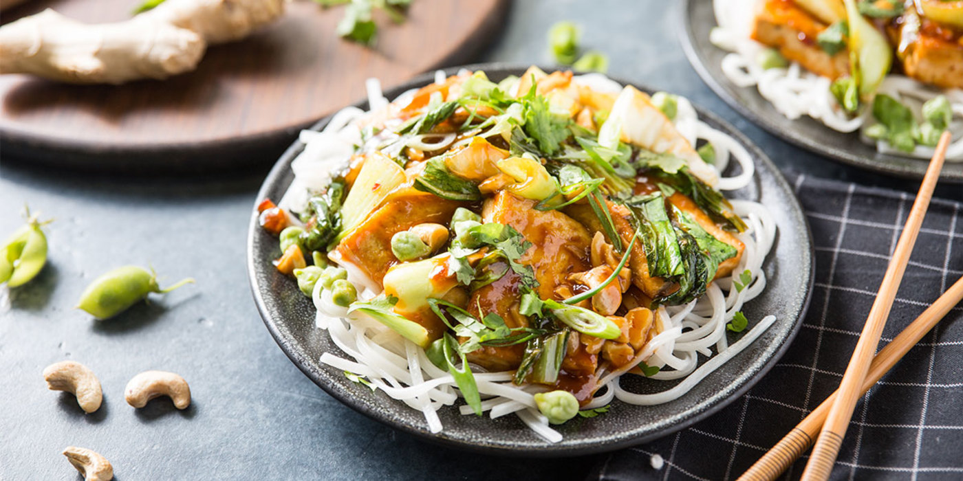 Pan Seared Tofu with Green Garbanzo Beans and Rice Noodles