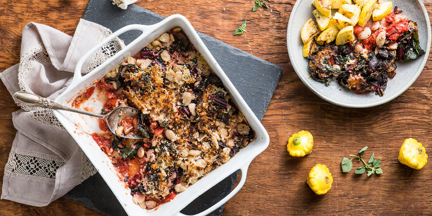 Butterbean Gratin with Parmesan Breadcrumbs and Patty Pan Squash