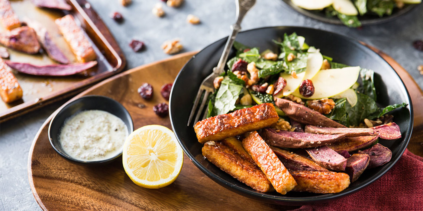 Tempeh Waldorf Salad with Purple Sweet Potatoes and Apple Vinaigrette