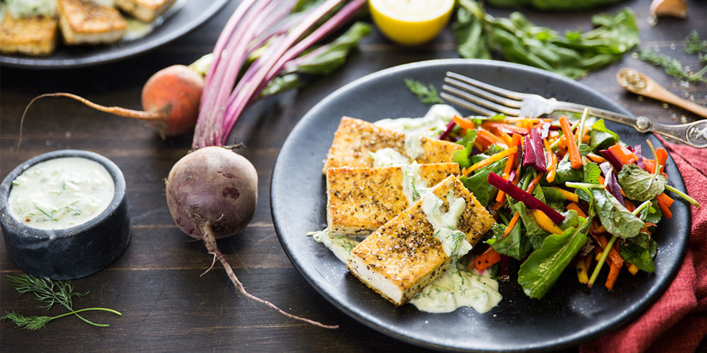 Tofu Halloumi with Beet Slaw and Tzatziki Sauce