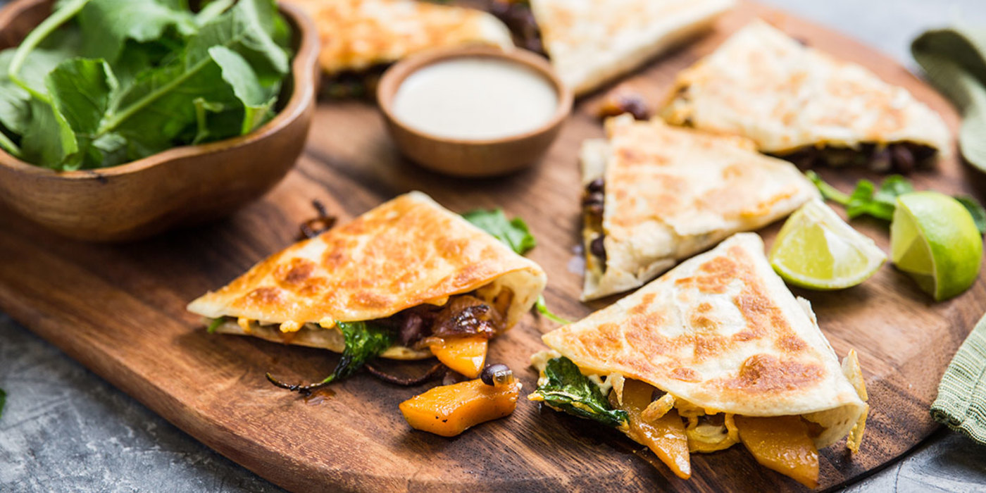 Butternut and Black Bean Quesadilla with Cumin Sour Cream