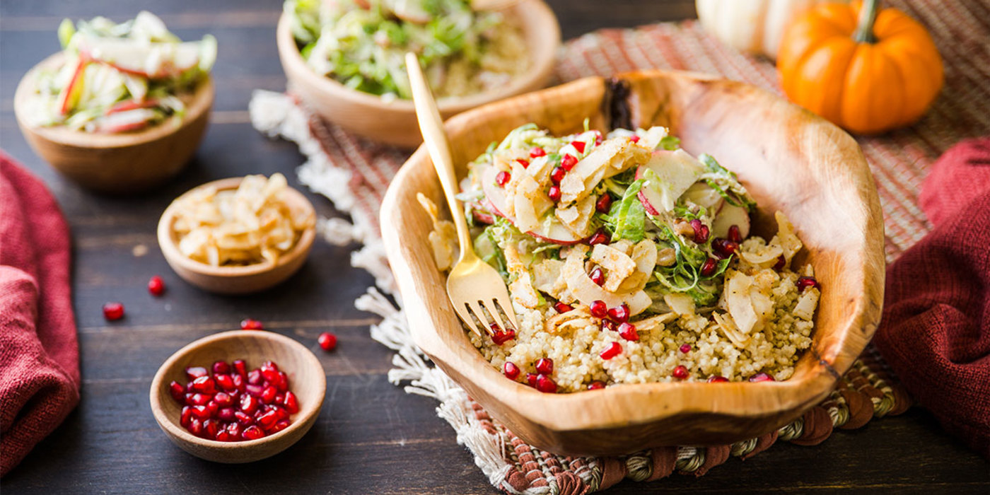 Autumn Quinoa Bowl with Brussels Slaw and Warm Coconut "Bacon"