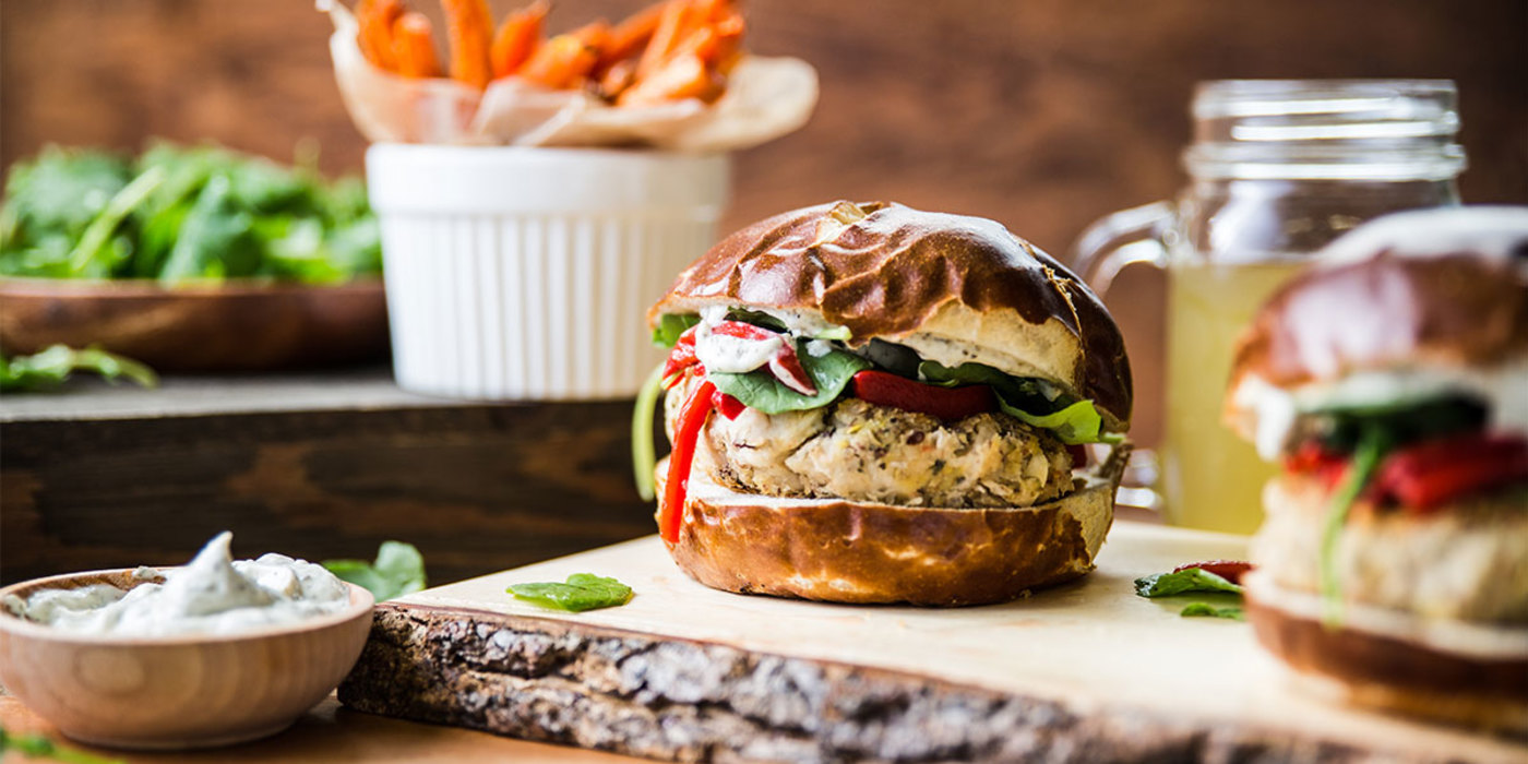 Pesto Bean Burgers with Roasted Peppers and Carrot Fries