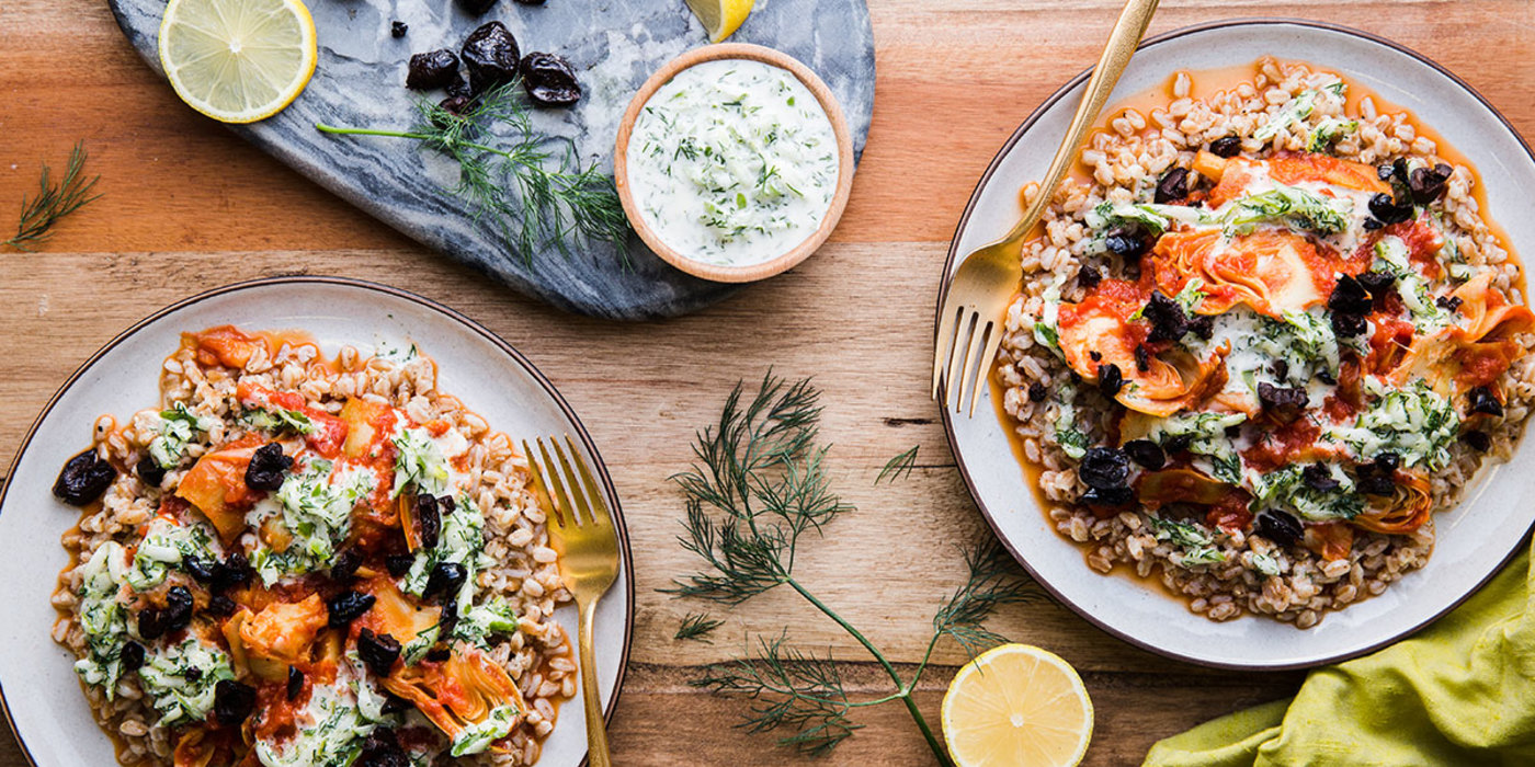 Tomato-Braised Artichokes with Bright Dill Sauce and Farro