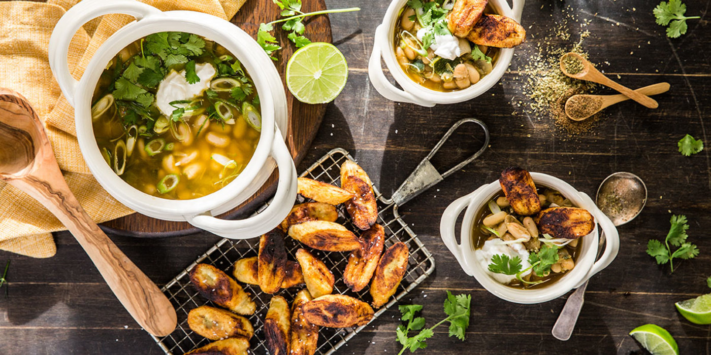 White Bean Poblano Chili with Crispy Plantains