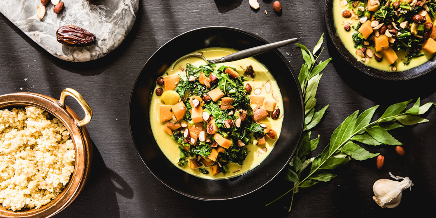 Garlicky Greens Curry with Millet and Sweet Potato