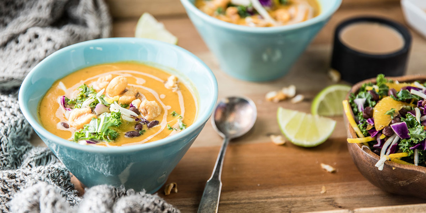 Butternut Bisque with Chipotle Crema and Kale Citrus Slaw