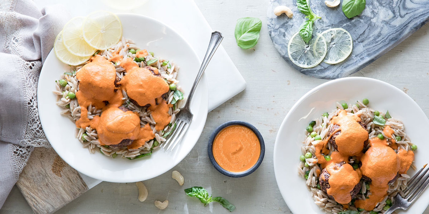 Miso-Walnut Meatballs with Lemon Basil Orzo & Roasted Pepper Sauce