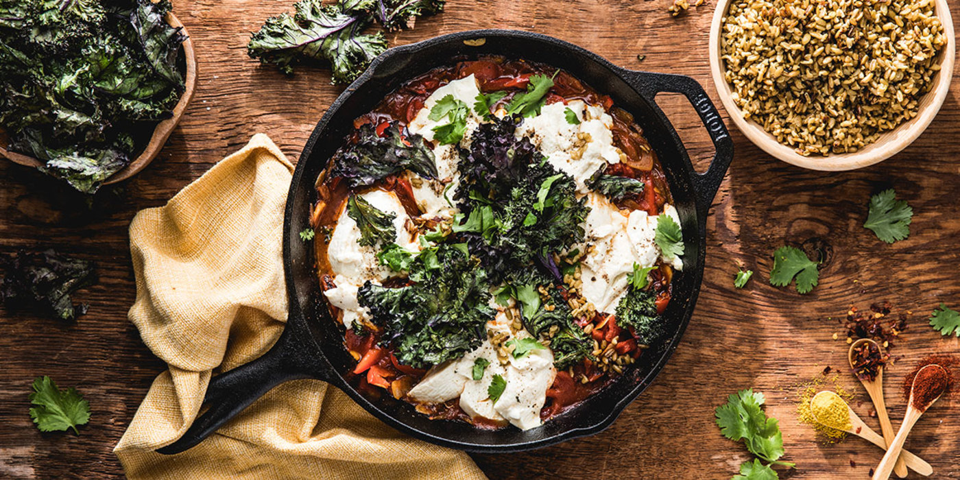 Shakshuka with Poached Tofu and Crispy Kale Chips