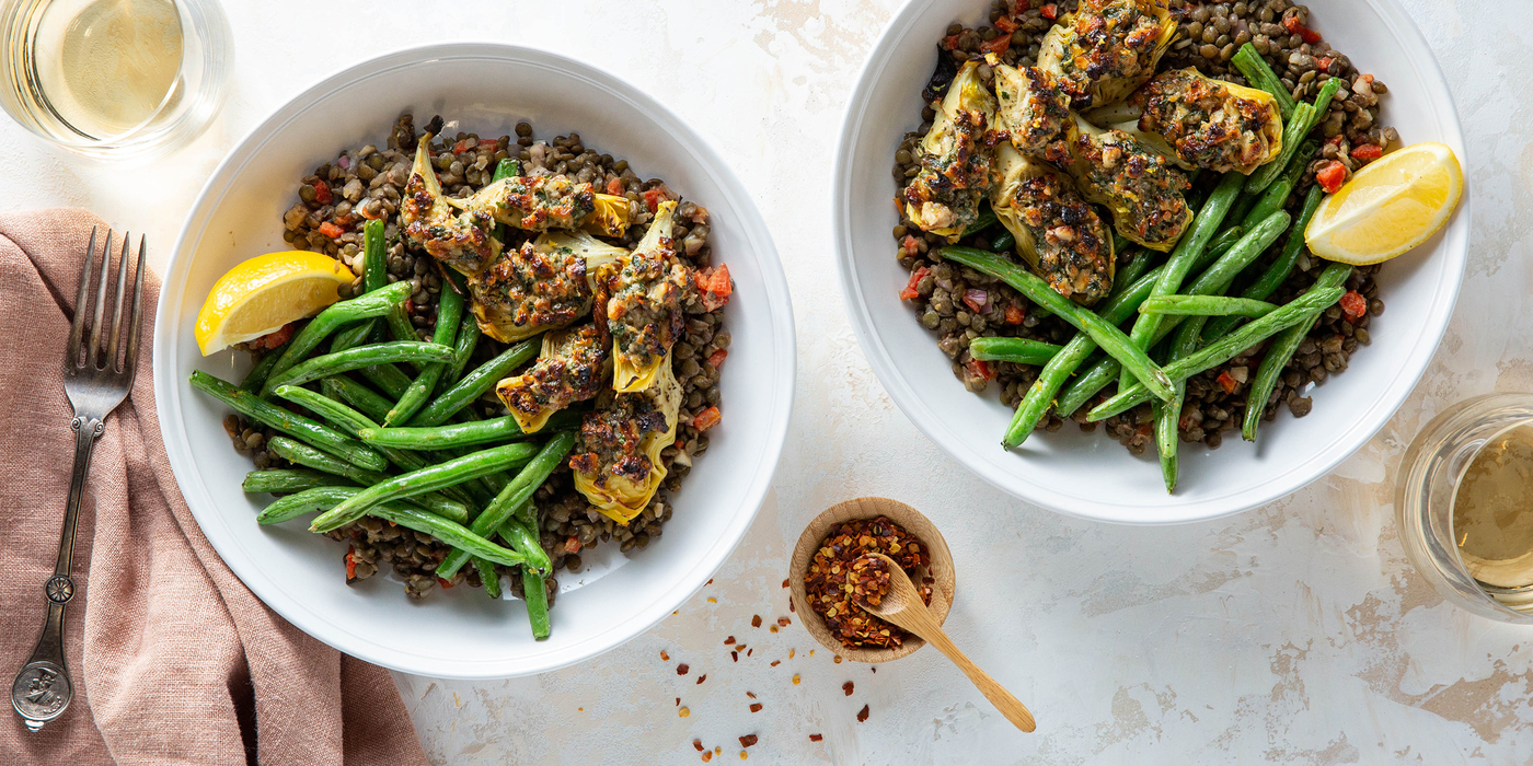 Walnut Crusted Artichokes with Dijon Lentils & Green Beans