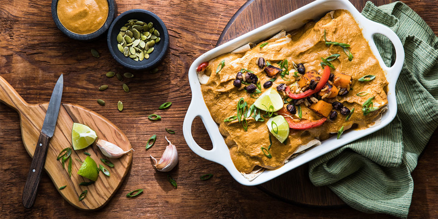 Black Bean and Squash Enchiladas with Pumpkin Seed Mole