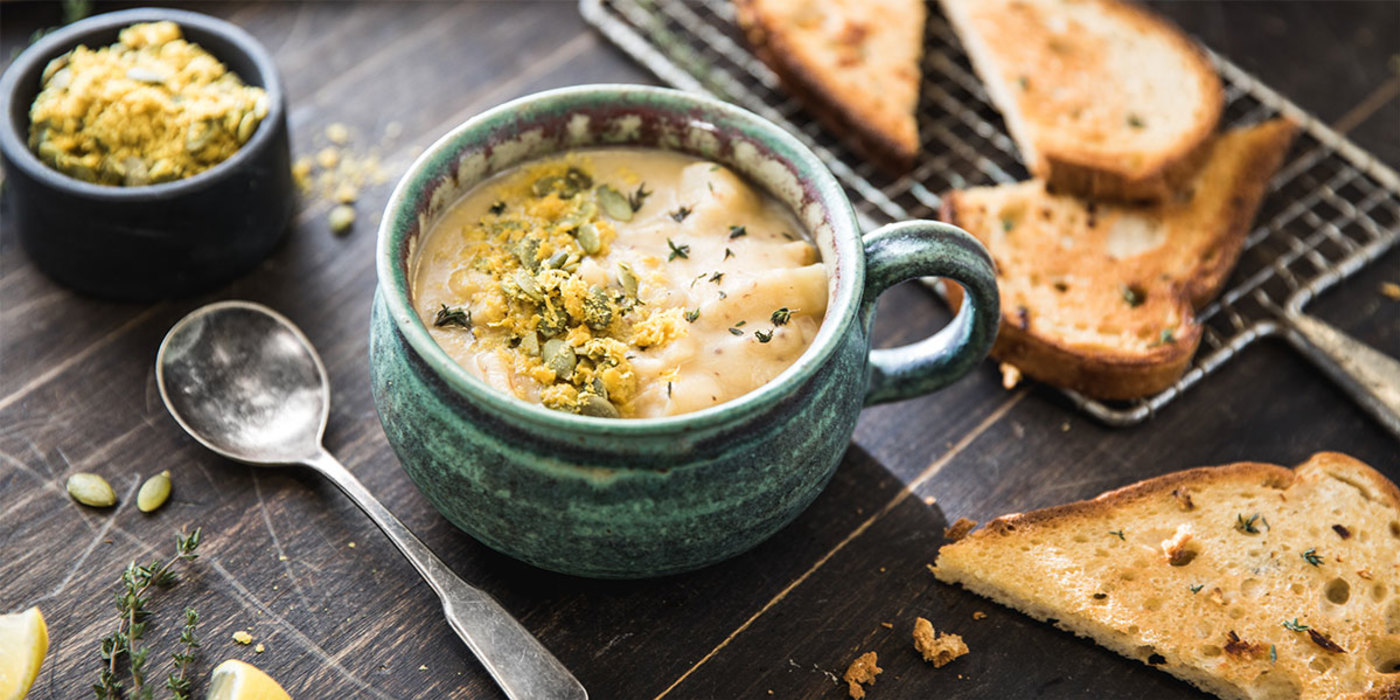 Winter Root Chowder with Pepita Parmesan and Garlic Toasts