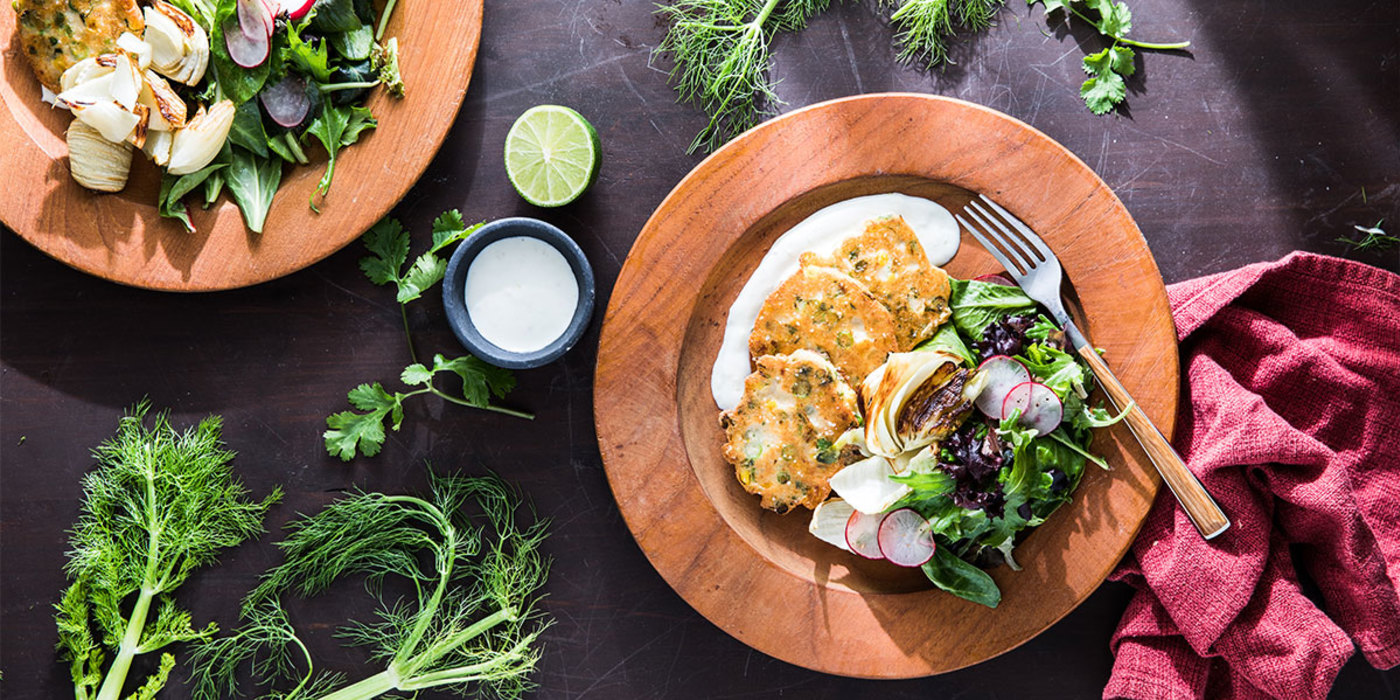 Smoky Sweet Corn Tofu Fritters with Roasted Fennel and Lime Aioli