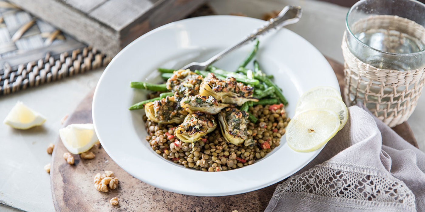 Walnut-Crusted Artichokes with Dijon Lentils and Green Beans