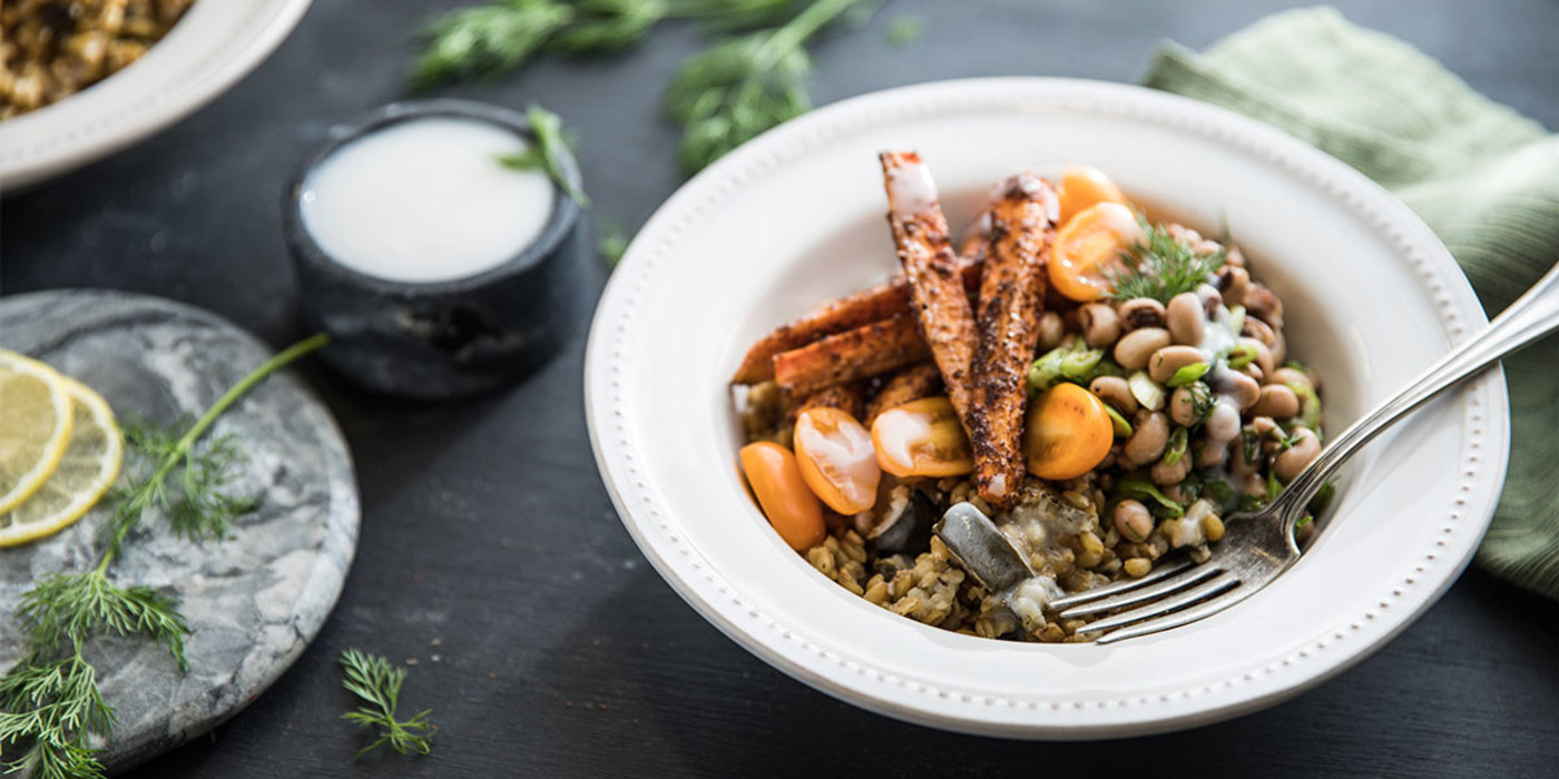 Grape Leaf Pilaf with Black Eyed Peas and Sumac Roasted Carrots