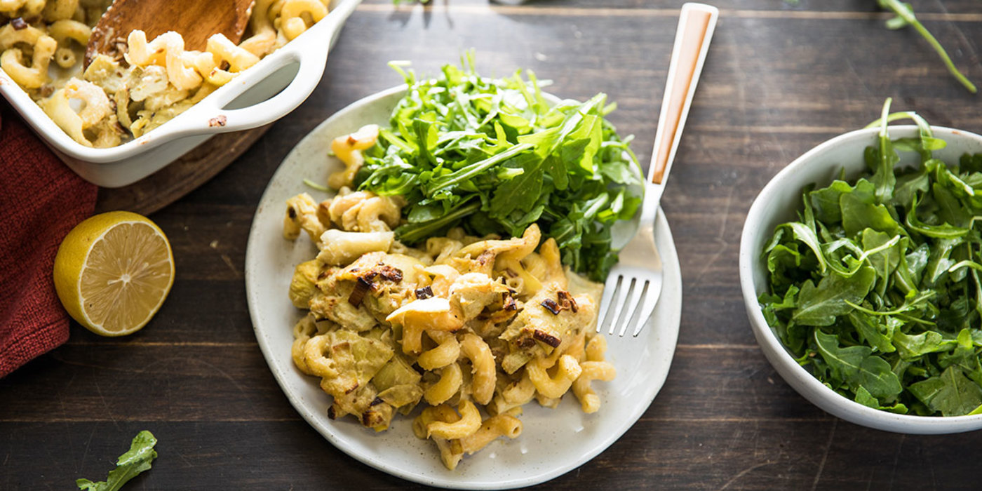 Baked Artichoke Cavatappi with Melted Leeks and Lemon Arugula