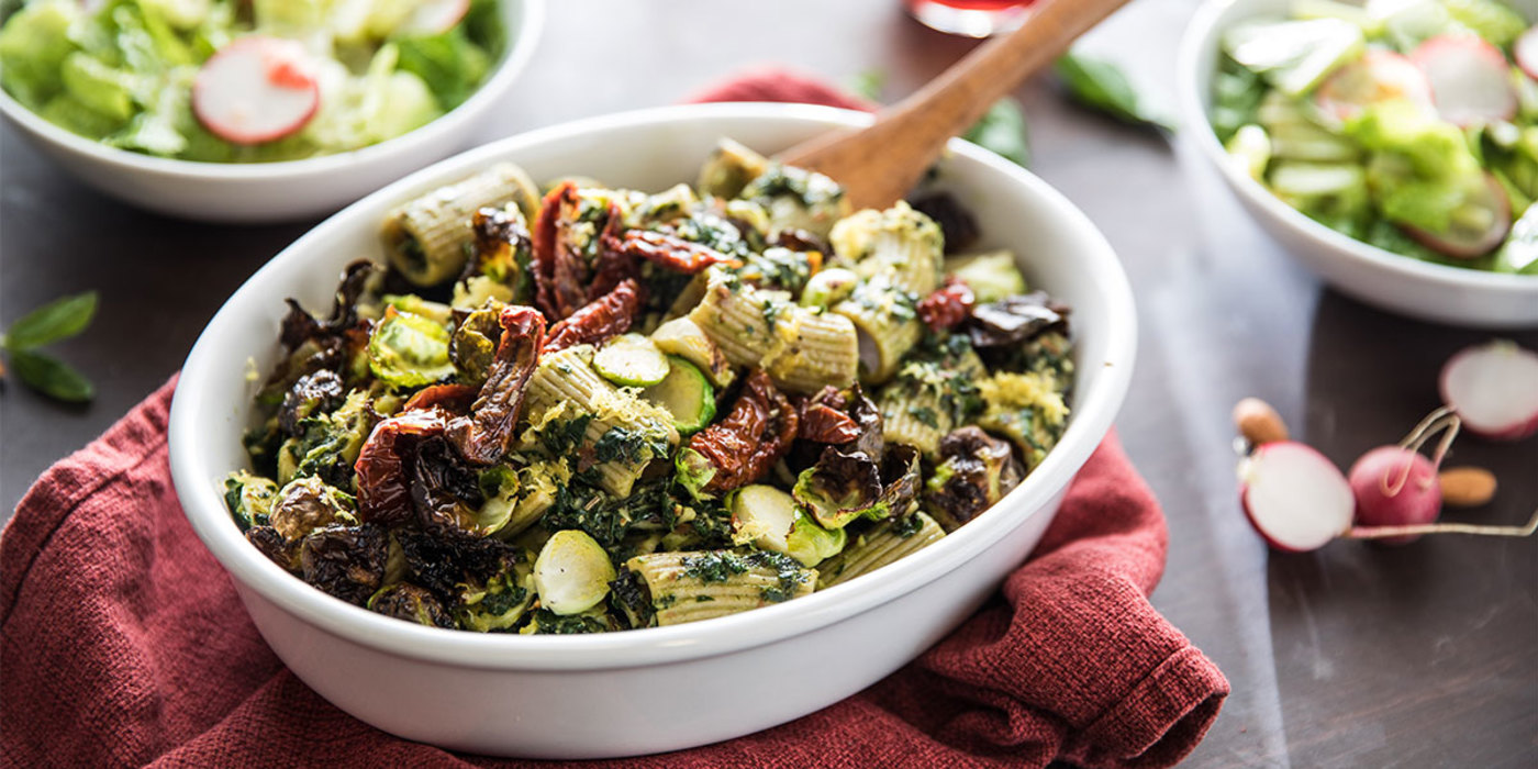 Kale Pesto Rigatoni with Crispy Brussels and Romaine Salad