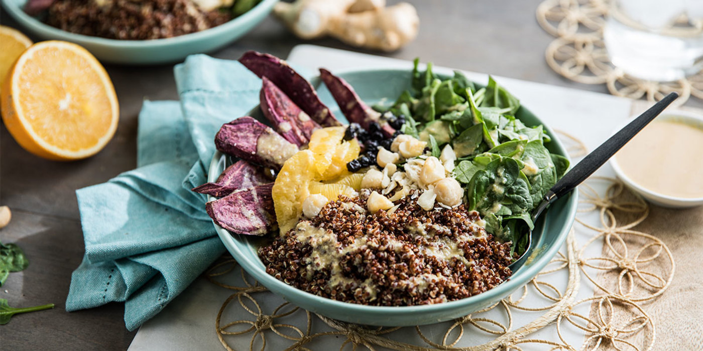 Superfoods Bowl with Purple Sweet Potatoes and Orange Ginger Dressing