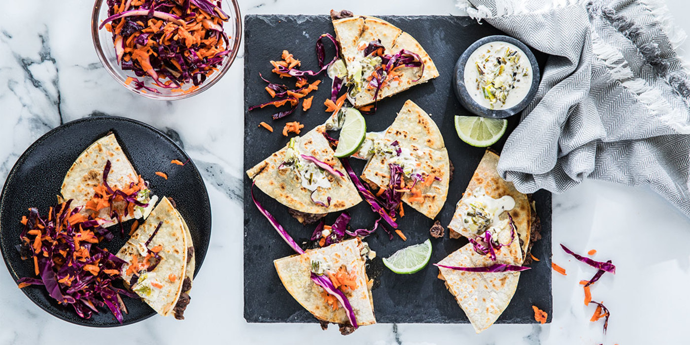 Kimchi Quesadilla with Charred Scallion Aioli and Korean Cabbage Slaw