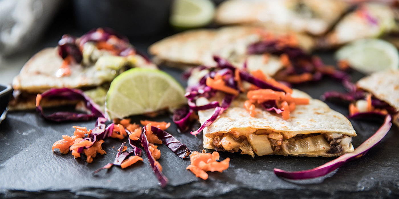 Kimchi Quesadilla with Charred Scallion Aioli and Korean Cabbage Slaw