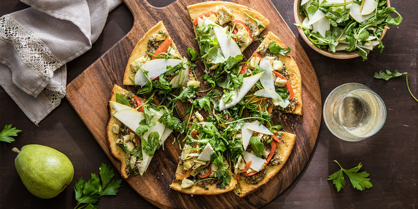 Socca Pizza with Creamy Artichokes and Arugula Pear Salad