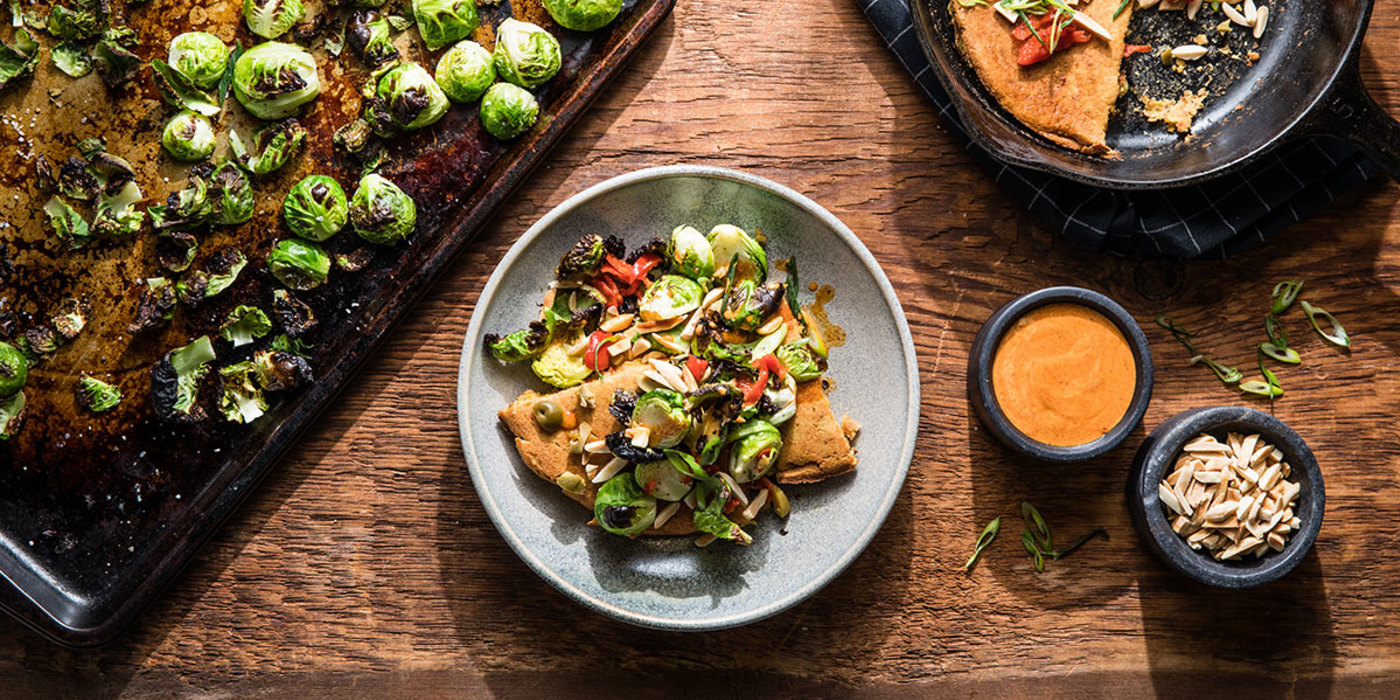 Tortilla Española with Brussels Sprouts Bravas and Paprika Aioli