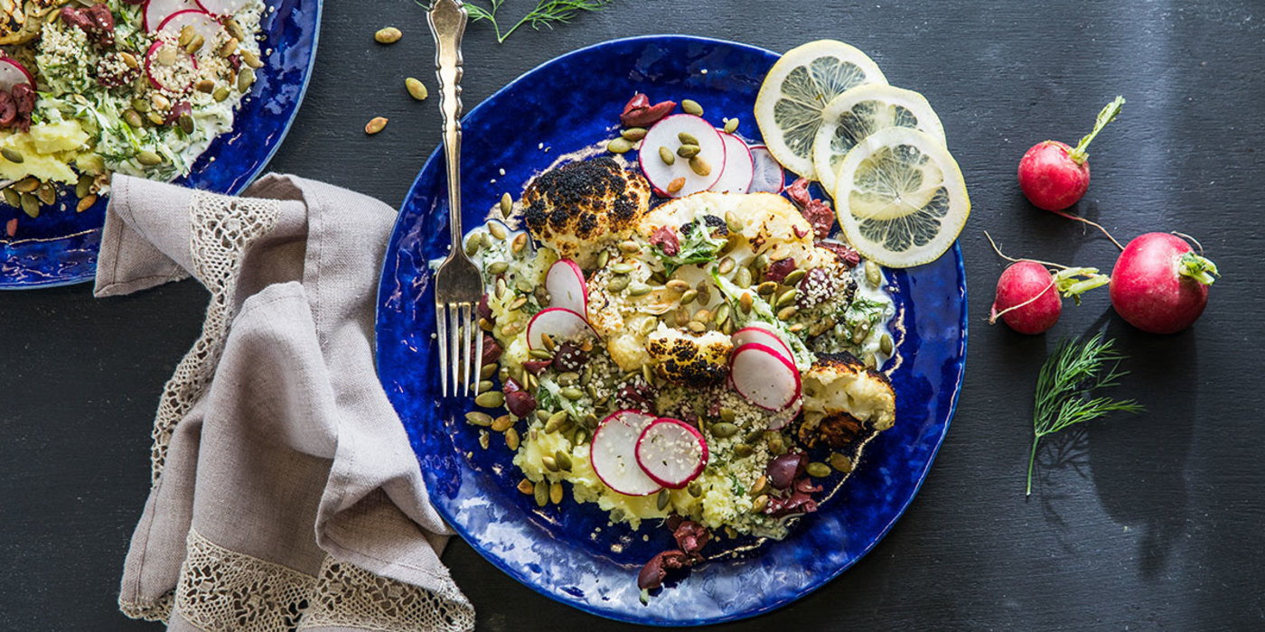 Greek-Style Cauliflower Steaks with Tzatziki Sauce and Mashed Yams