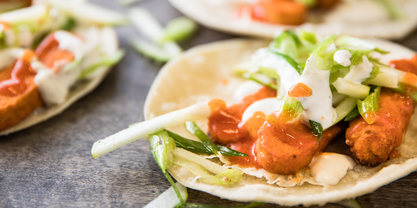 Buffalo Tempeh Tacos with Celery Apple Slaw and Ranch Dressing