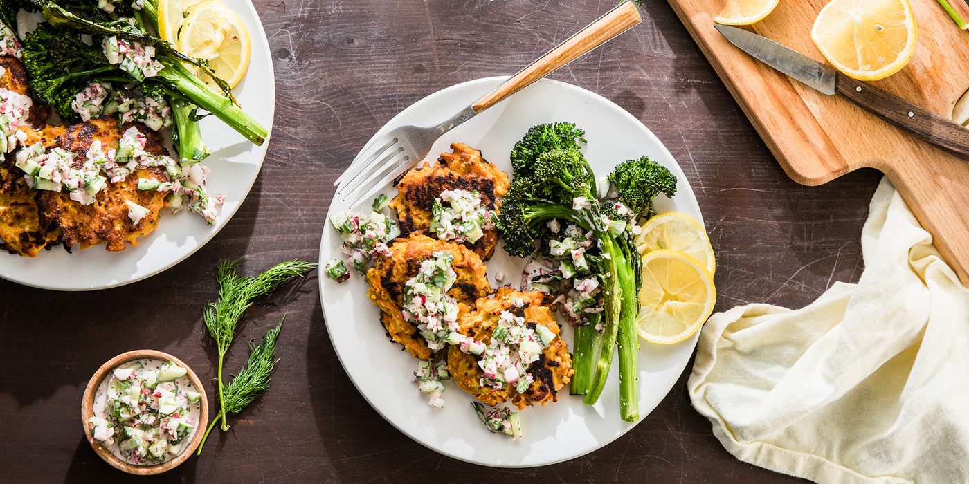 Carrot Socca with Roasted Broccolini and Creamy Cucumber Dressing