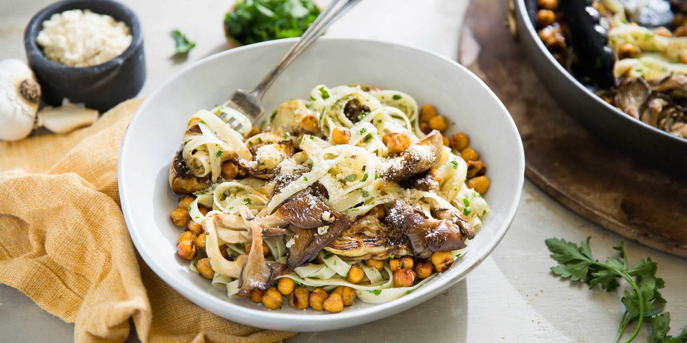 Wild Mushroom and Artichoke Fettuccine with Tangy Chickpeas