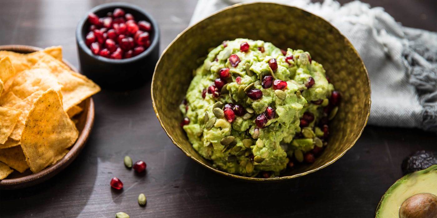 Loaded Guacamole with Pomegranate Seeds and Pumpkin Seeds