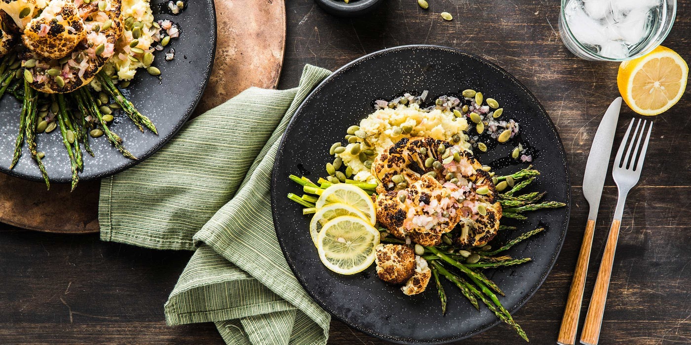 Lemon Caper Cauliflower Steaks with Parsnip Mash and Asparagus