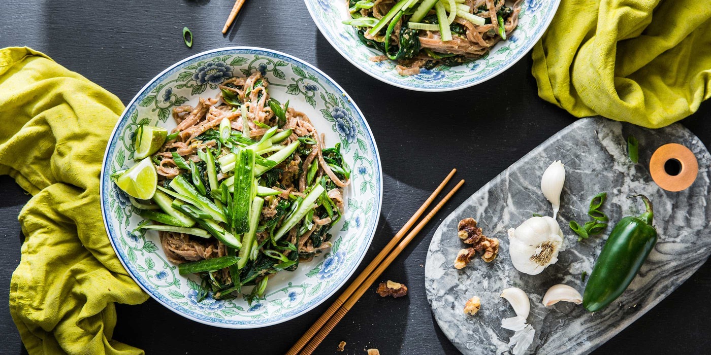 Spicy Dan Dan Noodles with Walnuts and Spinach