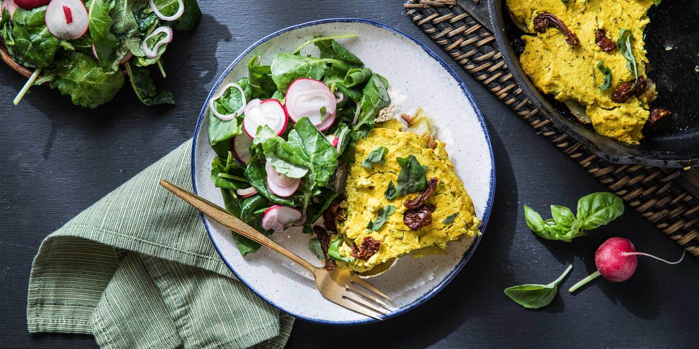 Sun-dried Tomato and Basil Quiche with Potato Crust and Baby Kale Salad