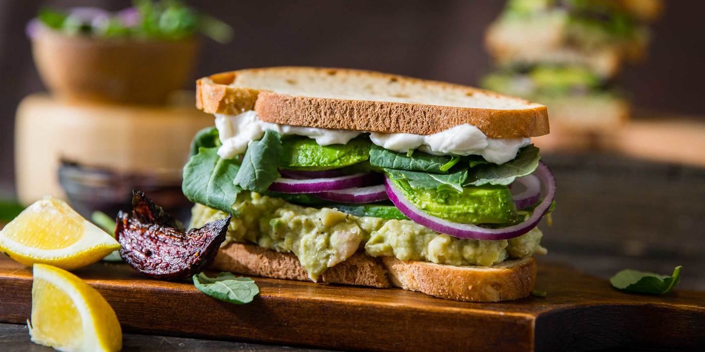 Smashed White Bean and Avocado Club with Beet Dippers