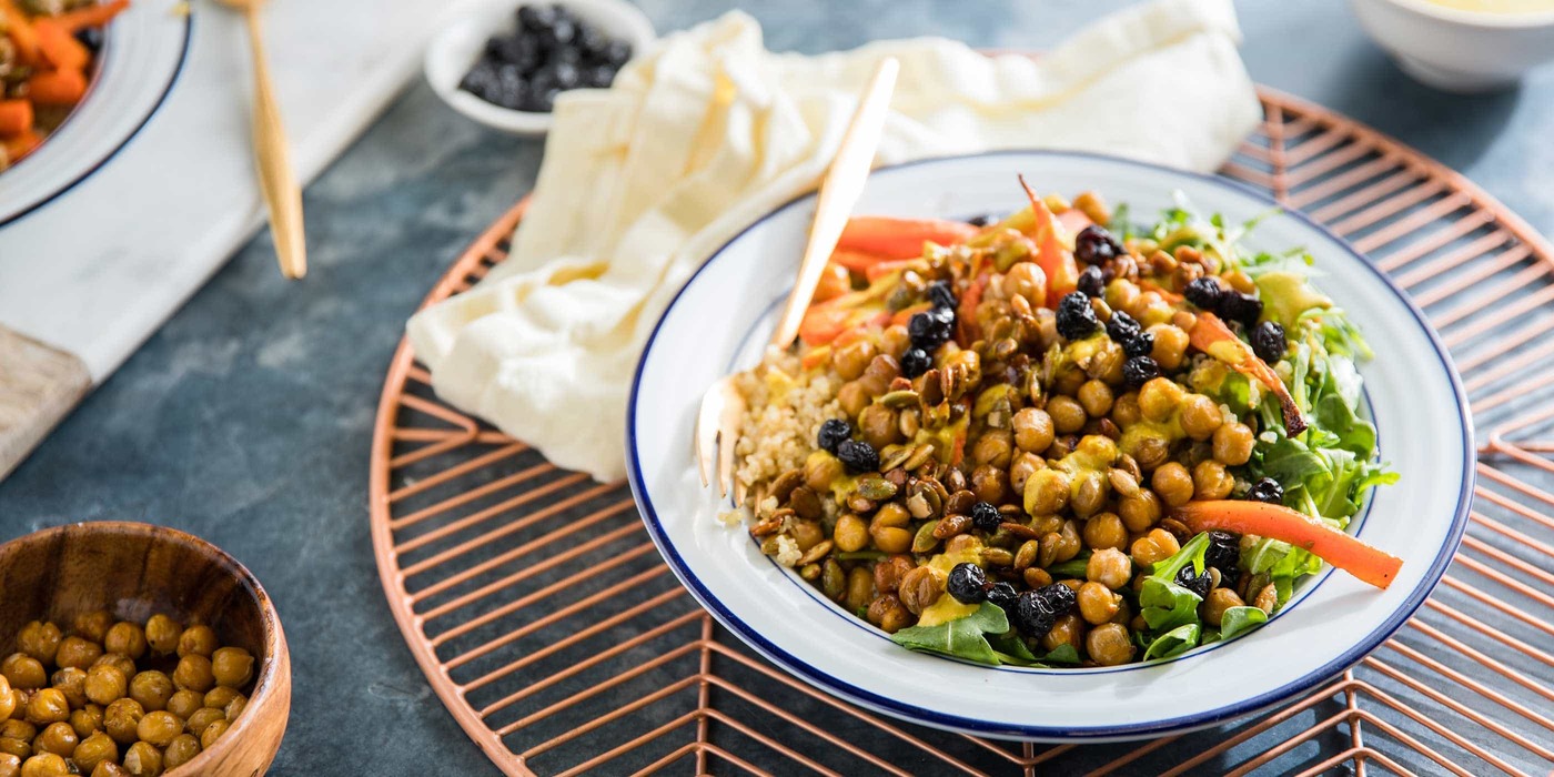 Quinoa Power Bowl with Roasted Carrots, Chickpeas, and Lemon Turmeric Dressing