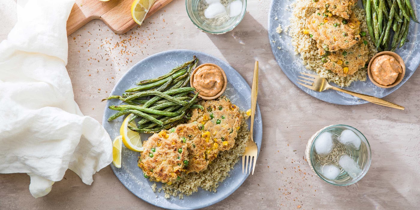 Sweet Pea Corn Cakes with Roasted Green Beans and Cajun Aioli