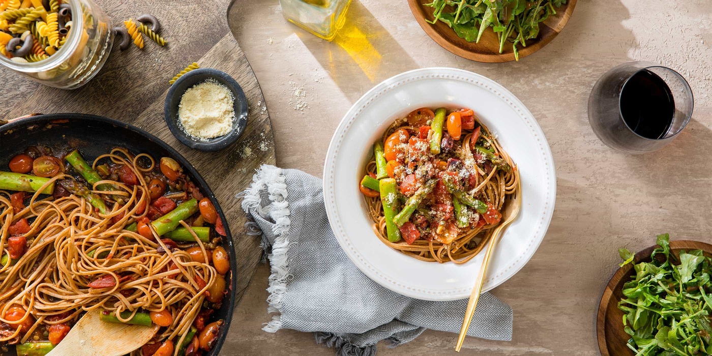 Pasta Puttanesca with Grape Tomatoes and Asparagus