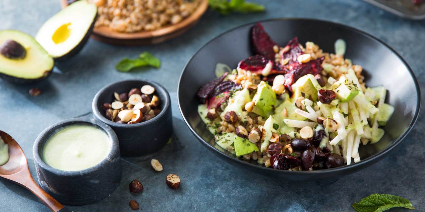 Nourish Bowl with Cherries, Jicama, and Avocado Vinaigrette