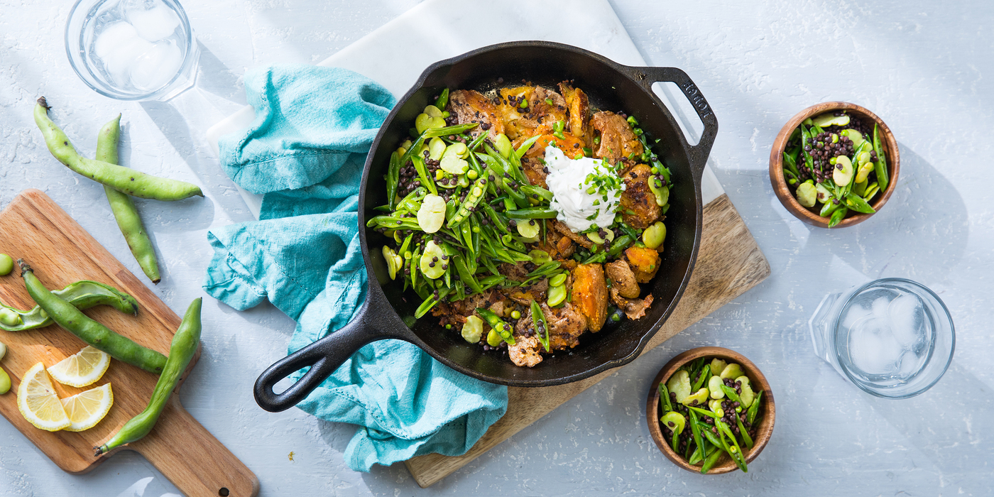 Crispy Potato Skillet with Snap Pea Slaw and Jalapeño Sour Cream