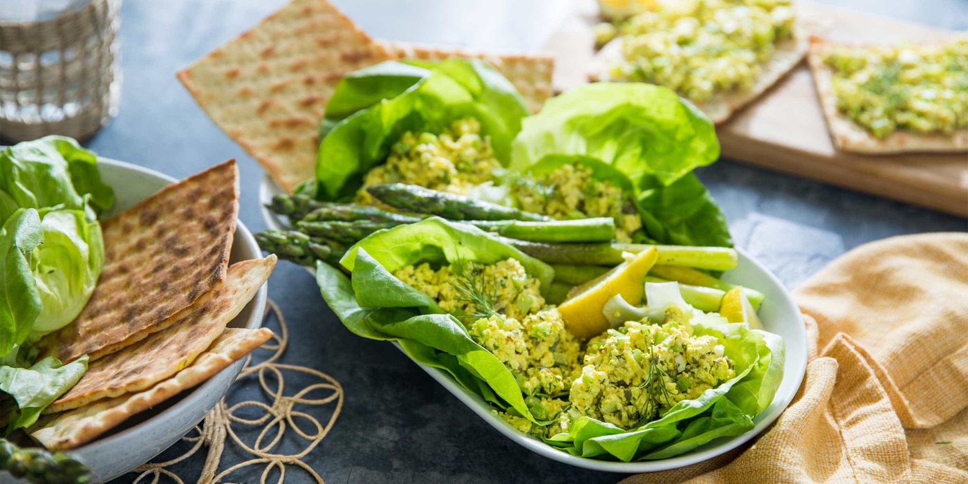 Butter Lettuce Wraps  with Egg-less Salad and Lemon Butter Asparagus