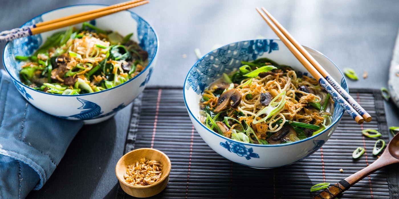 Coconut Ramen with Water Spinach and Crispy Onions